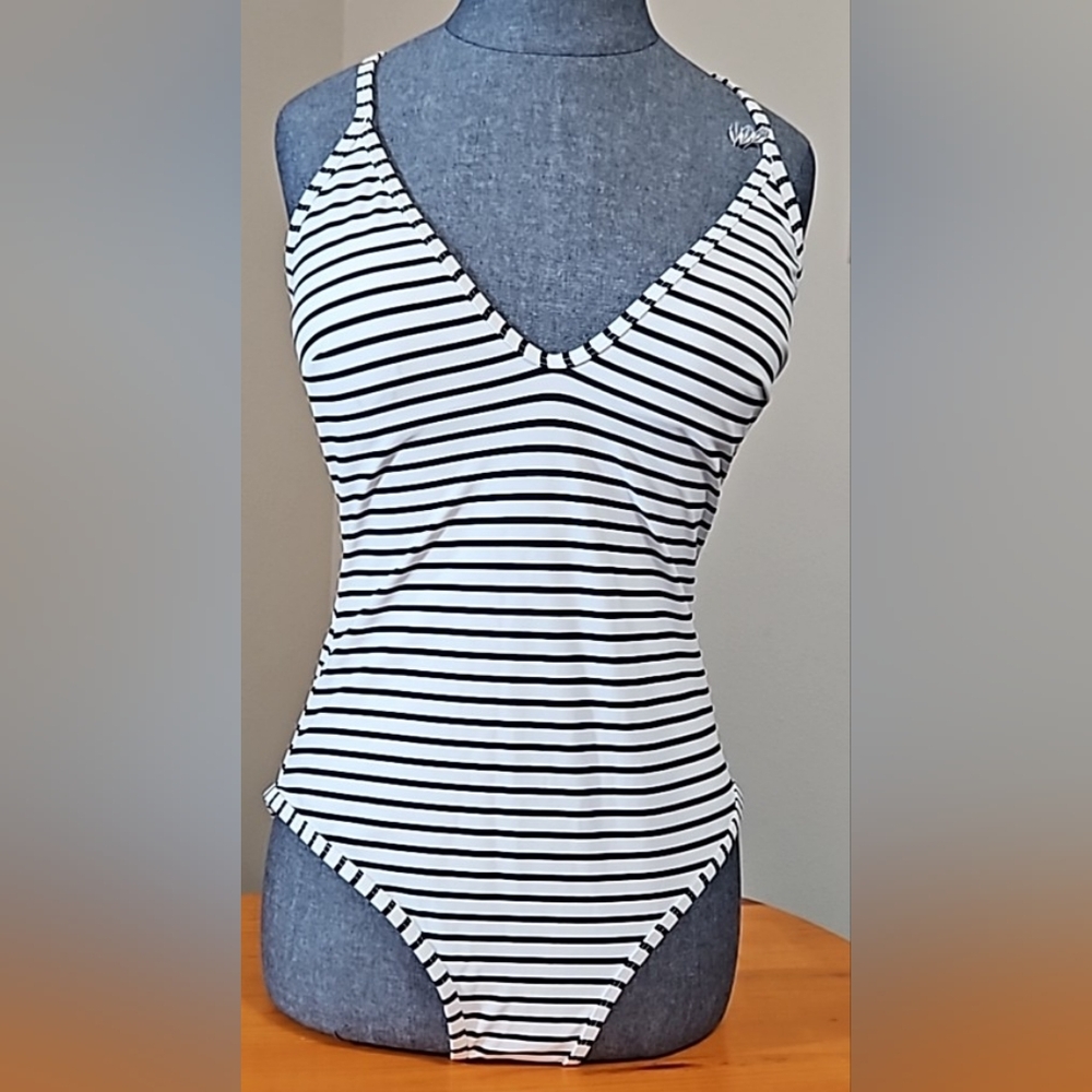 Black and White Striped One-Piece Swimsuit Size Large